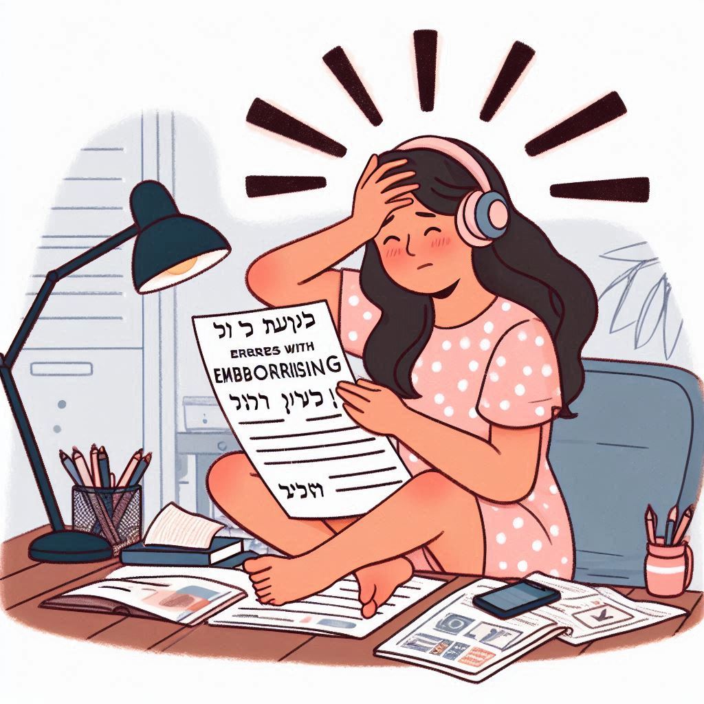 אישה נבוכה מחזיקה דף עם שגיאות כתיב – ניגוד לחשיבות של כתיבה שיווקית נכונה