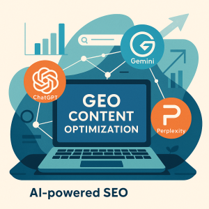 מחשב נייד עם הכיתוב "GEO Content Optimization", מוקף בלוגואים של ChatGPT, Gemini ו-Perplexity, לצד אייקונים של חיפוש וגרפים. טקסט תחתון: "AI-powered SEO".