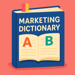"איור דיגיטלי של ספר פתוח עם כותרת Marketing Dictionary ודפים צבעוניים, הממחיש את הרעיון של מילון מונחים בכתיבה השיווקית – כלי עזר חשוב להבנת מושגים וקונספטים בתחום התוכן השיווקי הדיגיטלי."