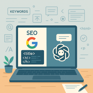איור של מסך מחשב חצוי בין SEO של Google לבין ChatGPT, עם אייקונים של מילות מפתח וקוד HTML – מייצג כתיבת תוכן מותאם לבינה מלאכותית.