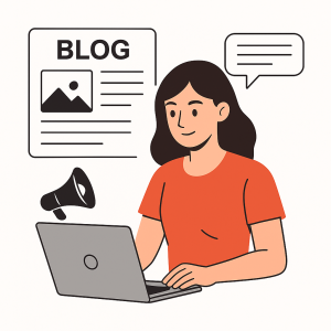 אישה יושבת ליד מחשב נייד וכותבת בלוג, לצד סמלים של תוכן ושיווק דיגיטלי – המחשה של תהליך כתיבת בלוג מקצועית לעסק.