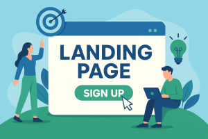 טקסט אלטרנטיבי: איור צבעוני של דף נחיתה שיווקי בגווני כחול וירוק עם כפתור "צור קשר" ותיבת הרשמה, המדגים עיצוב מקצועי וממוקד שמניע לפעולה.