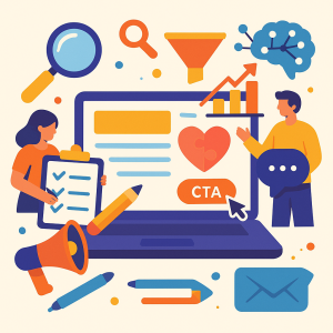 איור צבעוני של צוות יוצרי תוכן סביב מחשב נייד, מתכננים מילות מפתח וגרפים — מדגים כתיבה לקידום אתרים שמובילה לנראות אורגנית ותוצאות.