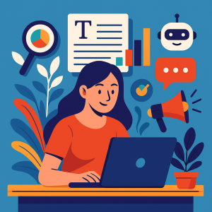 אילוסטרציה צבעונית של שולחן עבודה יצירתי עם מחשב נייד, קפה ואביזרים – מייצגת **כתיבה שיווקית** מודרנית ודינמית.