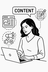 אישה יושבת ליד מחשב נייד וכותבת תוכן שיווקי, מסביבה סמלים של כתיבה, שיווק ומדיה דיגיטלית – המחשה של שירותי כתיבת תוכן שמניעים לפעולה.