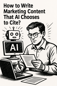 איור בשחור־לבן המציג יד כותבת על דף במסגרת תהליך כתיבה שיווקית, עם אלמנטים שמסמלים בינה מלאכותית ותוכן שמוכן לציטוט.