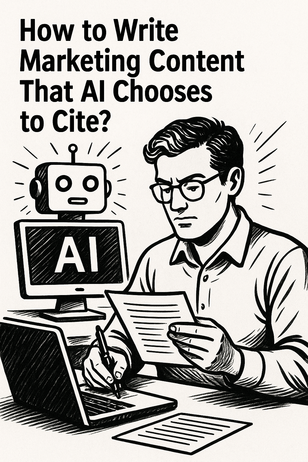 איור בשחור־לבן המציג יד כותבת על דף במסגרת תהליך כתיבה שיווקית, עם אלמנטים שמסמלים בינה מלאכותית ותוכן שמוכן לציטוט.