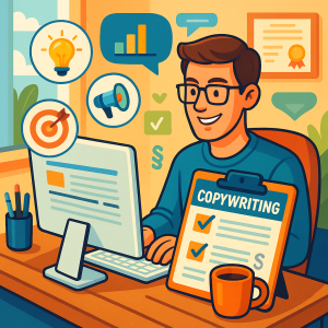 איור צבעוני של כותב שיווקי יושב מול מחשב, מוקף באייקונים של רעיונות, אסטרטגיה ויצירת תוכן.