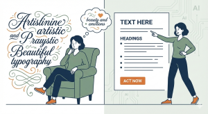 איור המשווה בין טקסט אמנותי ומרגש שאינו מוביל לפעולה לבין טקסט ברור עם קריאה לפעולה, המדגים כיצד כתיבה שיווקית שמביאה פניות מניעה את הקורא לבצע צעד הבא.