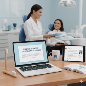 כתיבת תוכן לרופאי שיניים במרפאה מודרנית: רופאה משוחחת עם מטופלת, וברקע מחשב מציג אסטרטגיית תוכן למרפאות שיניים