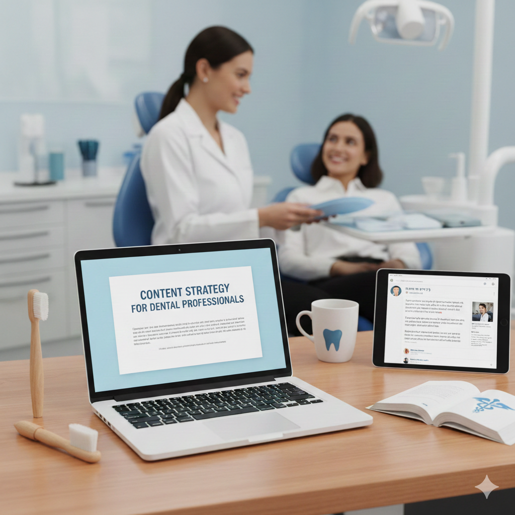 כתיבת תוכן לרופאי שיניים במרפאה מודרנית: רופאה משוחחת עם מטופלת, וברקע מחשב מציג אסטרטגיית תוכן למרפאות שיניים