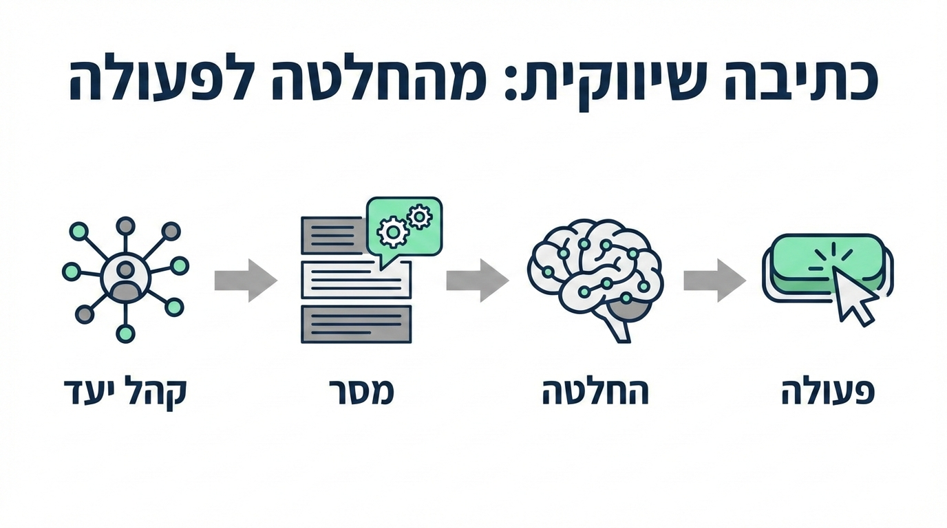 תרשים המדגים תהליך כתיבה שיווקית – מהבנת קהל היעד, דרך ניסוח מסר ממוקד, יצירת החלטה ועד לפעולה של הגולש.