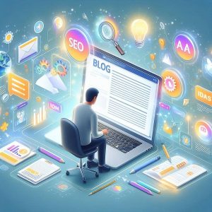 איור של כותב תוכן מול מחשב עם אייקונים של רעיונות וגרפים — מייצג כתיבת בלוג עסקי שמטרתה להגדיל חשיפה ולידים.