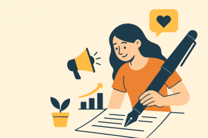 איור של בעלת עסק קטנה הכותבת רעיונות שיווקיים לצד אייקונים של צמיחה, תקשורת ויצירתיות — משקף את התהליך של כתיבה שיווקית לעסקים קטנים.