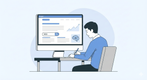 איור של כתיבת תוכן לאתרים: כותב תוכן עובד מול מחשב עם מבנה אתר מסודר, אייקון SEO, גרף צמיחה ובינה מלאכותית.