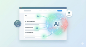 קידום אתרים בעידן הבינה המלאכותית – איור של אתר עם תוכן מובנה, כותרות ברורות ושאלות נפוצות שמחובר למנוע AI המסמל בחירה, סמכות וציטוט של תוכן איכותי.