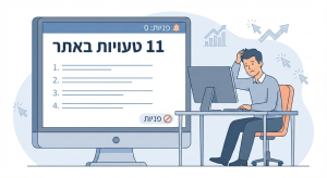 איור של בעל אתר מול מחשב עם הכיתוב “11 טעויות באתר” ו“פניות: 0”, המדגים אתר עם טראפיק ללא כתיבה שיווקית שמביאה פניות.