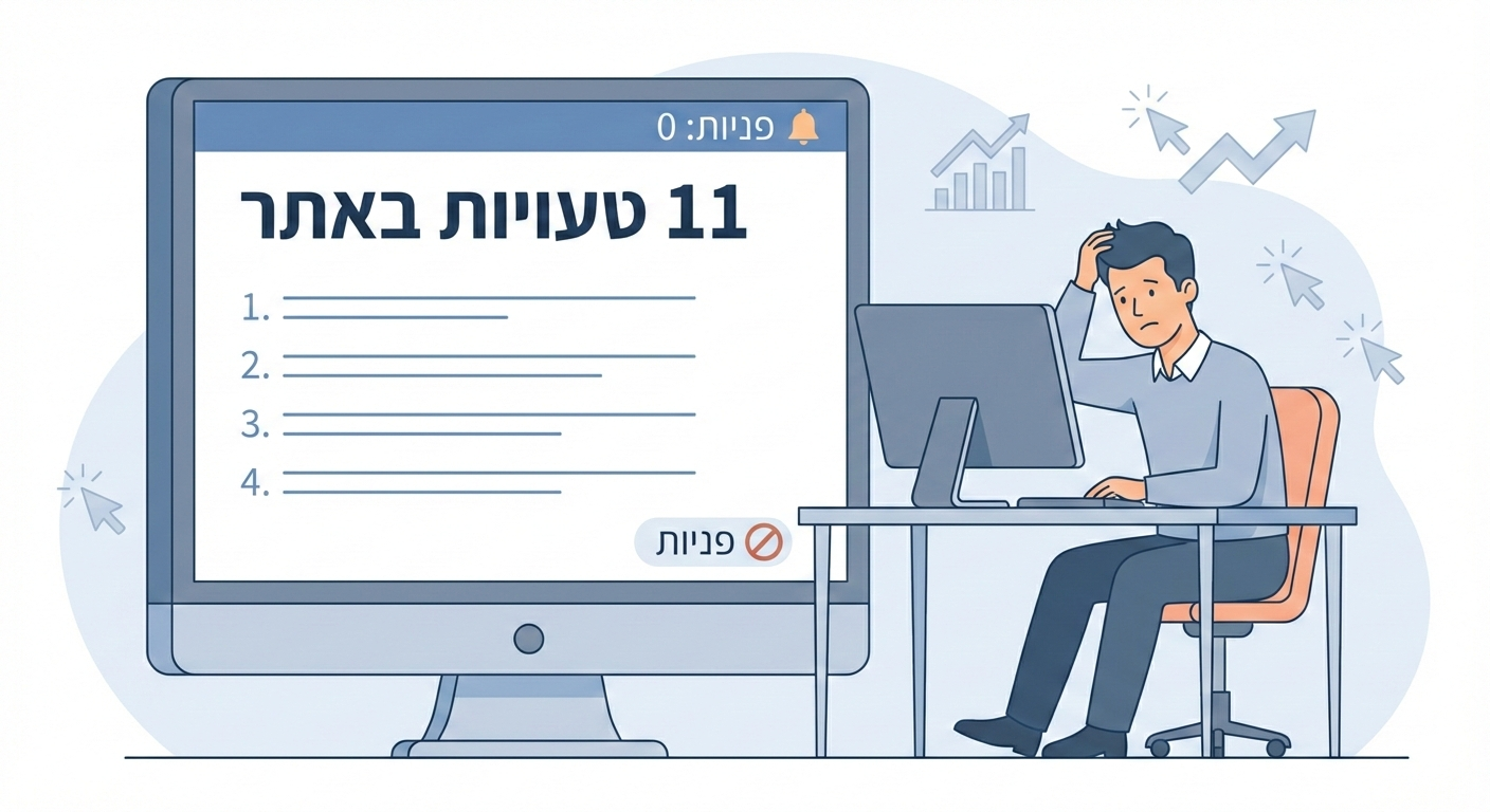 איור של בעל אתר מול מחשב עם הכיתוב “11 טעויות באתר” ו“פניות: 0”, המדגים אתר עם טראפיק ללא כתיבה שיווקית שמביאה פניות.
