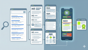 איור שממחיש כתיבה ל-AI (GEO) – תוכן מובנה עם כותרות, שאלות ותשובות שנבחר כמקור תשובה במנועי בינה מלאכותית.