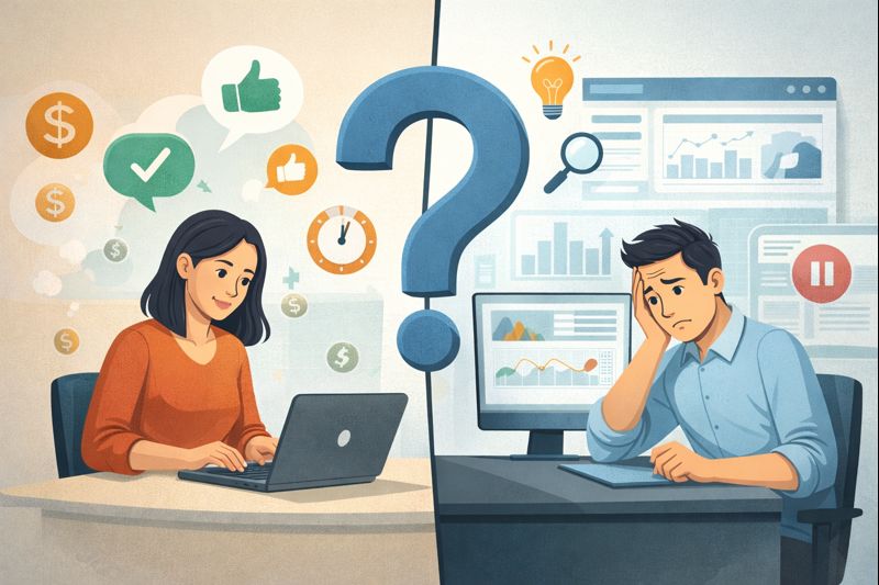 איור שממחיש כתיבה שיווקית: פער בין כתיבה שיווקית שמביאה פניות ומייצרת תוצאות, לבין כתיבה שיווקית שלא עובדת וגורמת לתסכול אצל בעל העסק.