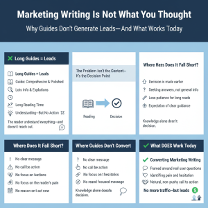 אינפוגרפיה על כתיבה שיווקית ממירה שמסבירה למה מדריכים ארוכים לא מייצרים פניות ומה כן מוביל לקבלת החלטה.