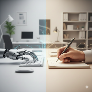 טקסט אלטרנטיבי: איור המדגים כתיבה שיווקית ובינה מלאכותית – יד רובוטית מקלידה על מקלדת מול יד אנושית כותבת במחברת.