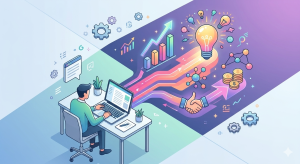 איור של אדם כותב במחשב המדגים כיצד **כתיבת תוכן לאתרי אינטרנט** מובילה לצמיחה עסקית, רעיונות חדשים והגדלת פניות ולקוחות.