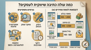 אינפוגרפיקה המציגה מחיר כתיבה שיווקית לעסקים עם גורמים משפיעים כמו אסטרטגיה, מחקר, SEO וניסיון, לצד טווחי מחירים למאמרים, דפי נחיתה ותוכן שיווקי שונים