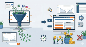 כתיבה שיווקית שממירה טראפיק ללידים – המחשה של משפך שיווקי המוביל גולשים מהאתר להמרות וללקוחות משלמים
