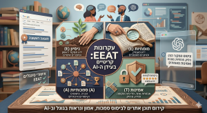 אינפוגרפיקה בנושא E-E-A-T ו־AI המציגה כיצד כתיבת תוכן לאתרי אינטרנט מחזקת אמינות, סמכות ונראות בגוגל ובמערכות בינה מלאכותית.