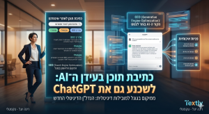 כתיבת תוכן לאתרי אינטרנט בעידן ה־AI עם שילוב SEO ו־GEO לקידום בגוגל, ChatGPT ומנועי בינה מלאכותית, לצד הדמיה של ממשק ChatGPT ופניות איכותיות לעסקים.
