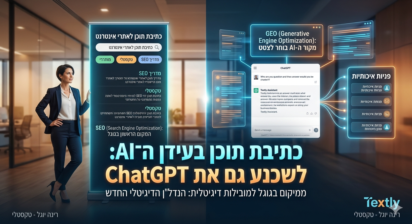 כתיבת תוכן לאתרי אינטרנט בעידן ה־AI עם שילוב SEO ו־GEO לקידום בגוגל, ChatGPT ומנועי בינה מלאכותית, לצד הדמיה של ממשק ChatGPT ופניות איכותיות לעסקים.