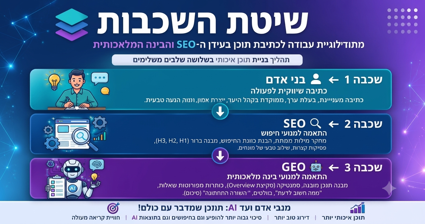 שיטת השכבות לכתיבת תוכן לאתרי אינטרנט המשלבת כתיבה שיווקית, SEO והתאמה למנועי בינה מלאכותית.