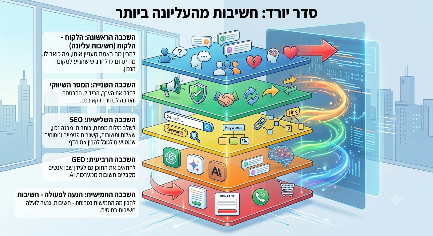 כתיבת תוכן בשיטת השכבות – תרשים המציג את חמש שכבות הכתיבה: הלקוח, המסר השיווקי, SEO, GEO והנעה לפעולה.
