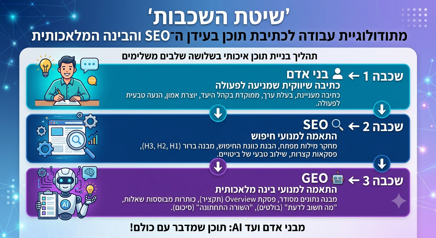 שיטת השכבות לכתיבת תוכן לאתרי אינטרנט המשלבת כתיבה שיווקית, SEO והתאמה למנועי בינה מלאכותית.