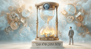 איור של שעון חול מלא בשטרות כסף ומילים הקשורות לבינה מלאכותית, המסמל את העלות הנסתרת של שימוש ב-AI בלבד. התמונה ממחישה כיצד כתיבת תוכן לאתרי אינטרנט על ידי כותב מקצועי חוסכת זמן, משפרת את איכות התוכן ומובילה לתוצאות עסקיות טובות יותר.