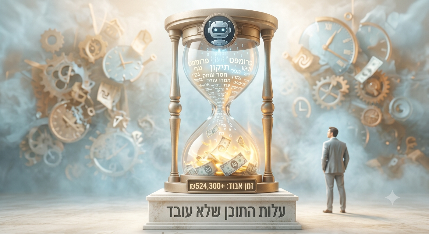 איור של שעון חול מלא בשטרות כסף ומילים הקשורות לבינה מלאכותית, המסמל את העלות הנסתרת של שימוש ב-AI בלבד. התמונה ממחישה כיצד כתיבת תוכן לאתרי אינטרנט על ידי כותב מקצועי חוסכת זמן, משפרת את איכות התוכן ומובילה לתוצאות עסקיות טובות יותר.