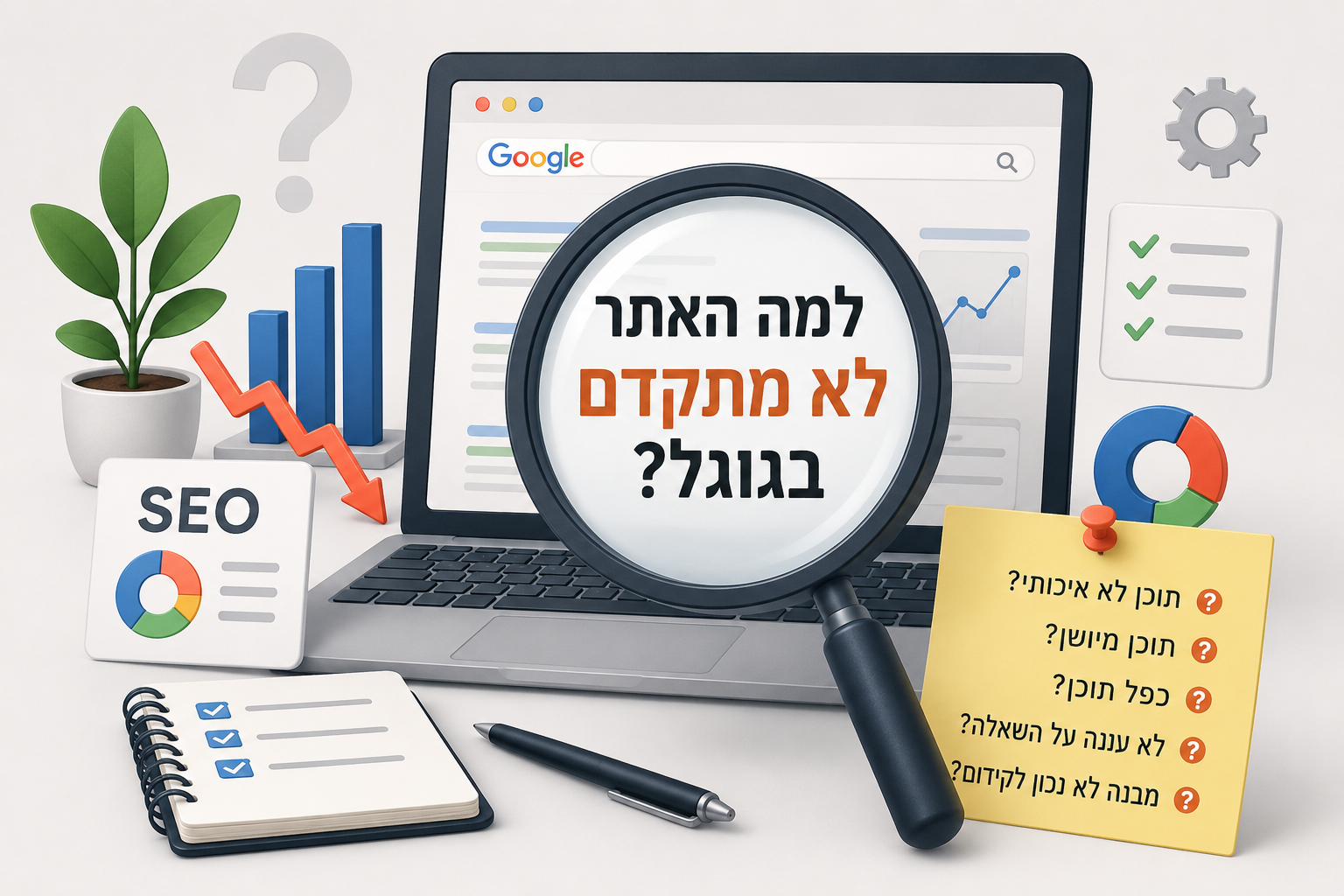 טקסט אלטרנטיבי: למה האתר לא מתקדם בגוגל – המחשה של בדיקת SEO וקידום האתר