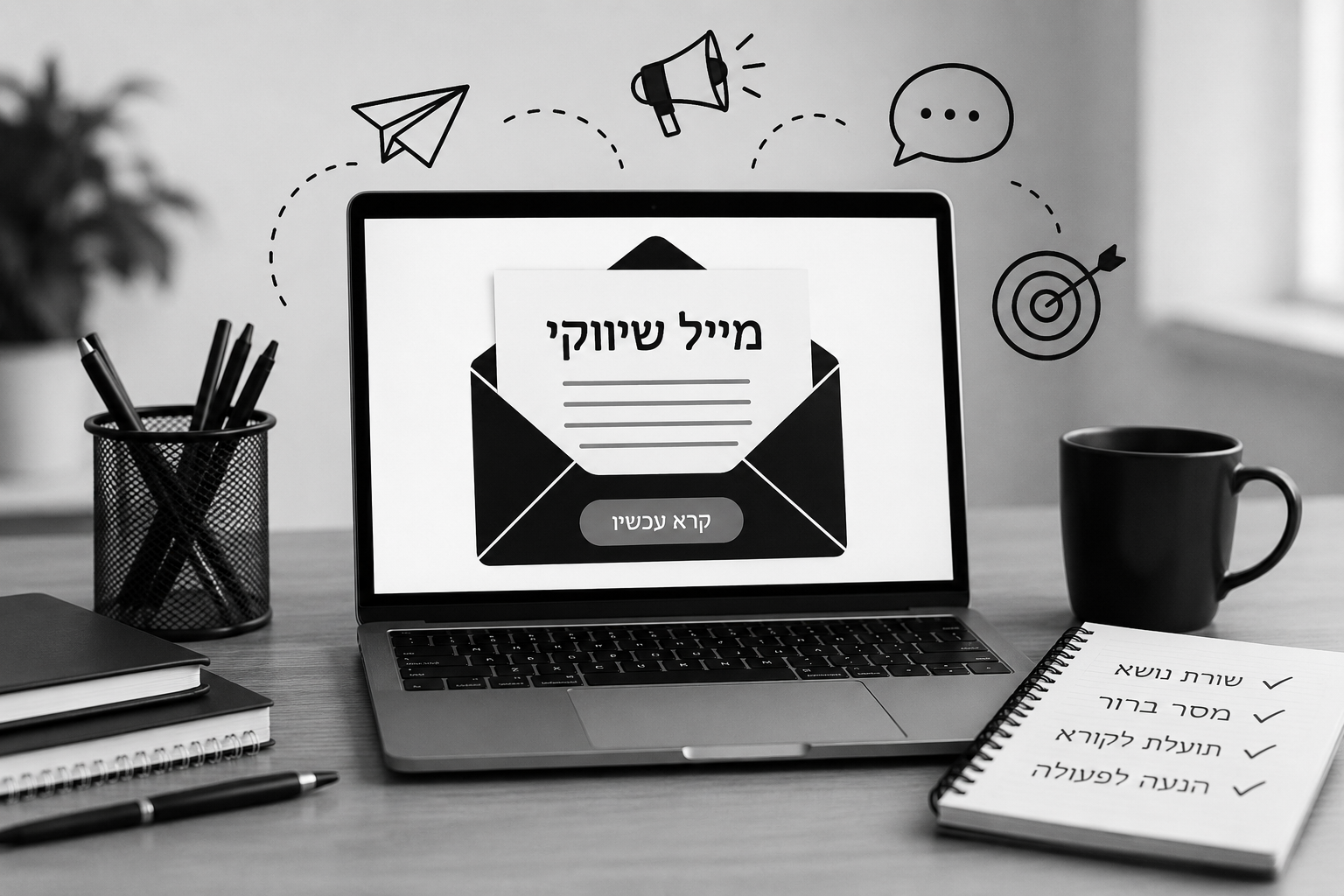 מייל שיווקי במחשב עם שורת נושא, מסר והנעה לפעולה