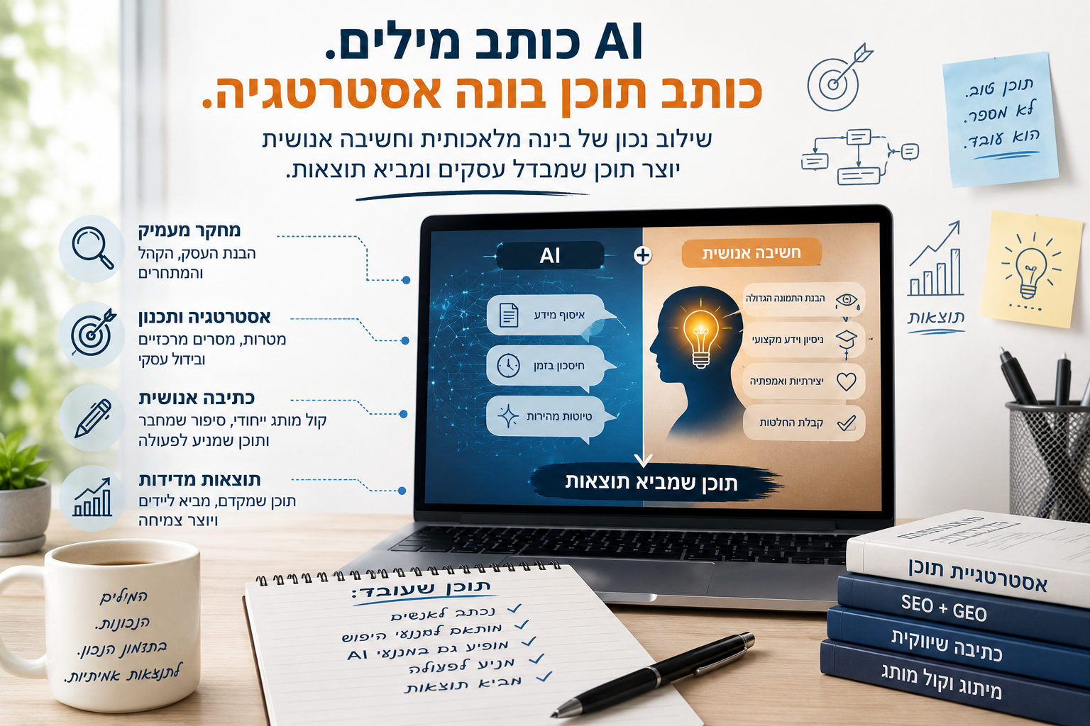 **טקסט אלטרנטיבי:** איור המציג את השילוב בין בינה מלאכותית לחשיבה אנושית בתהליך כתיבת תוכן לאתרי אינטרנט, כולל מחקר, אסטרטגיית תוכן, כתיבה שיווקית ותוצאות עסקיות. איור המציג את השילוב בין בינה מלאכותית לחשיבה אנושית בתהליך כתיבת תוכן לאתרי אינטרנט, כולל מחקר, אסטרטגיית תוכן, כתיבה שיווקית ותוצאות עסקיות.
